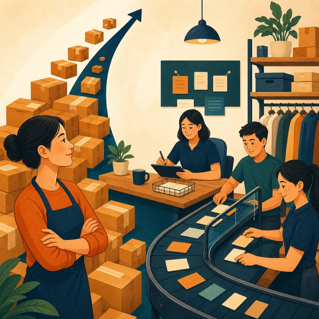 Dòng kiện hàng tăng lên trong khi đội shop giữ bàn quyết định và băng chuyền việc lặp có giám sát
