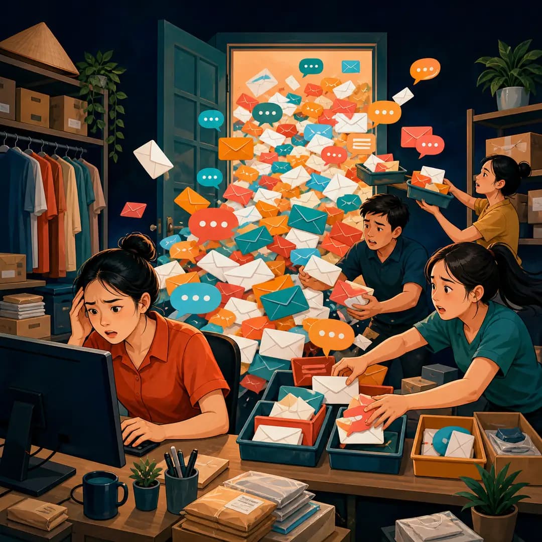 Đội ngũ cửa hàng đang phân loại một dòng tin nhắn tràn vào hộp thư