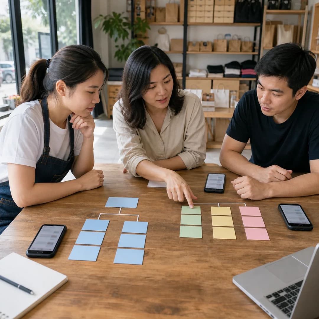 Chủ shop Việt Nam theo dõi ba kênh bán hàng trên một bàn làm việc