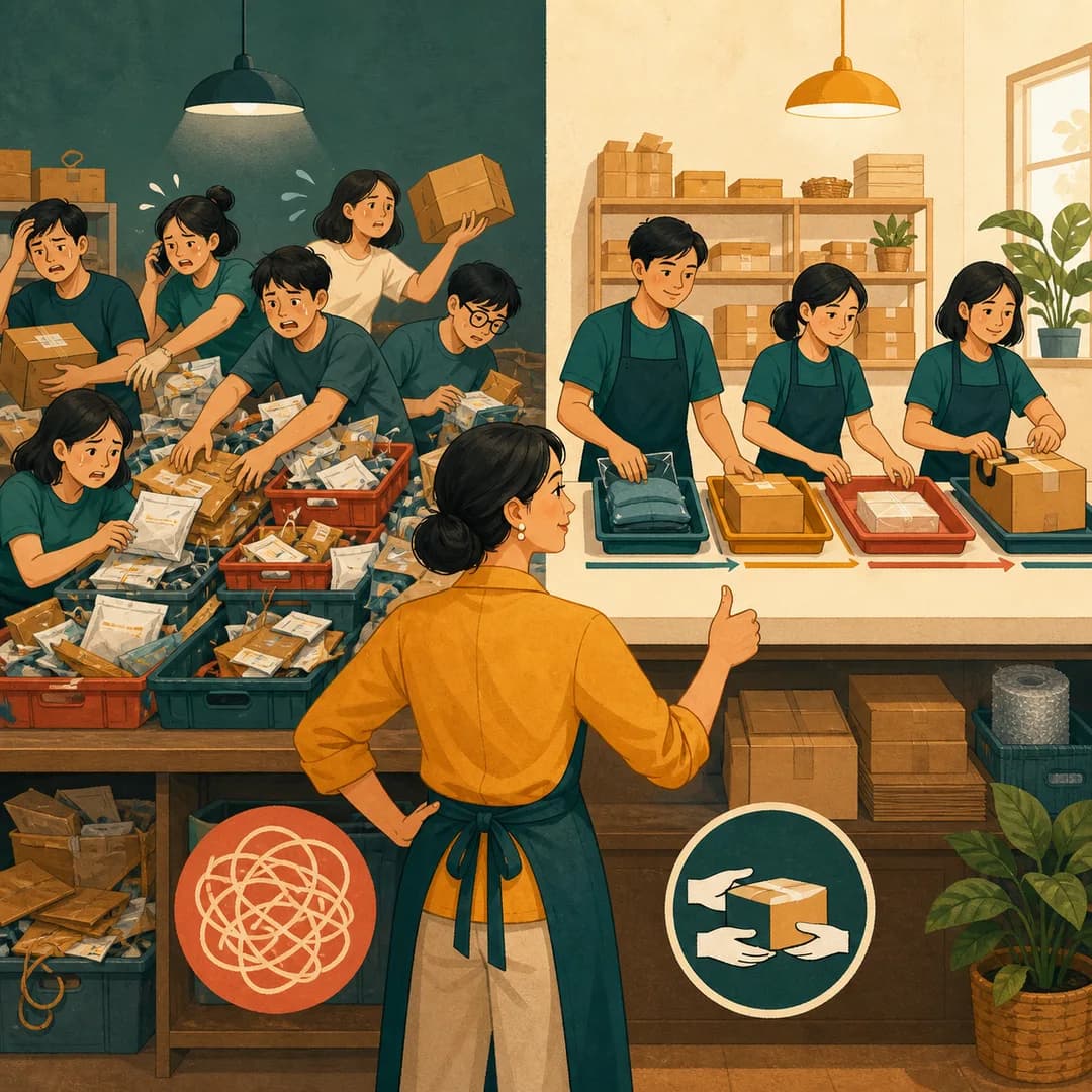 Minh họa 2D hai nửa quầy hàng, một bên rối và một bên có luồng xử lý rõ