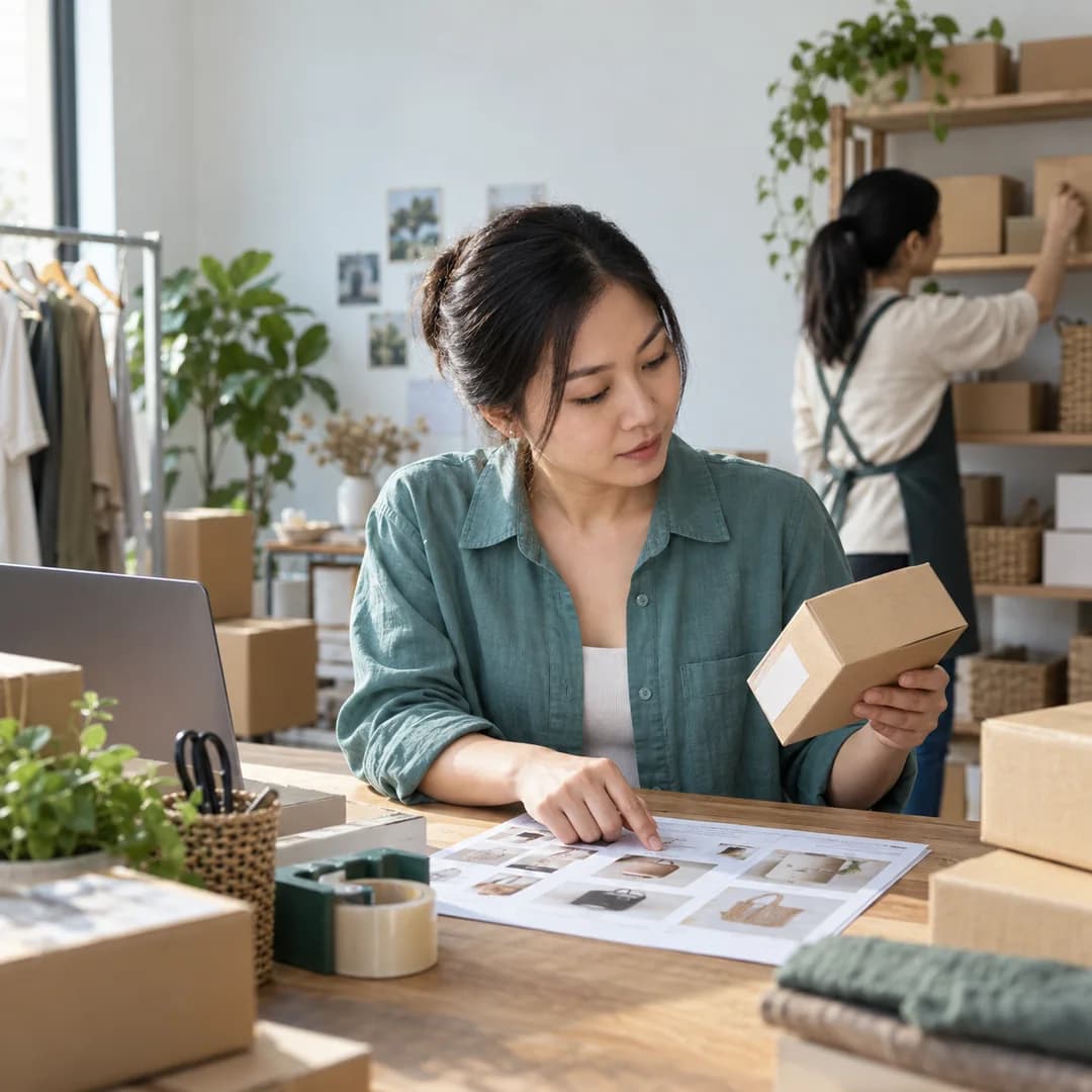 Người quản lý cửa hàng đối chiếu nhãn trên hộp hàng với danh mục sản phẩm in giấy, đồng nghiệp xếp hàng trên kệ