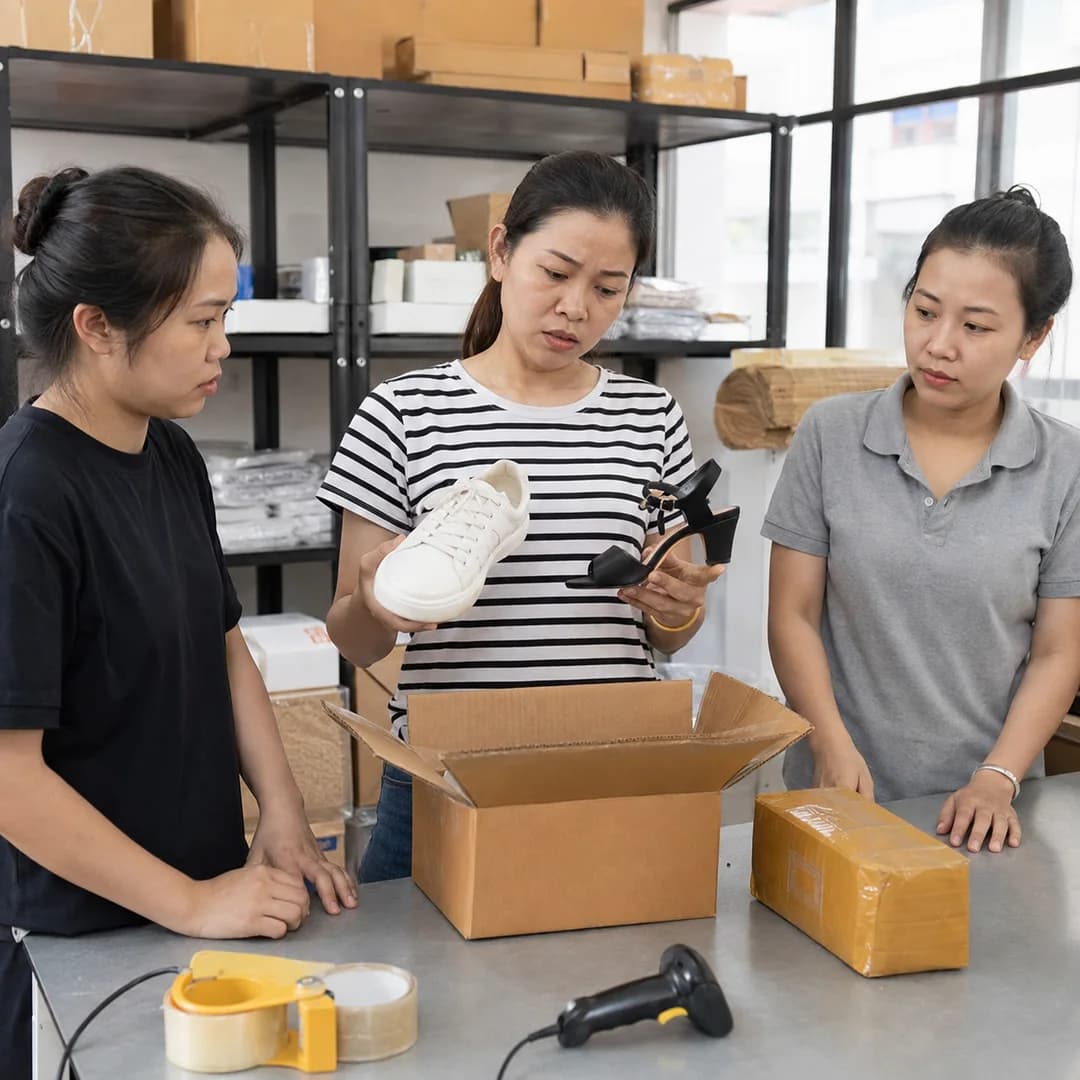 Quản lý shop Việt Nam cùng nhân viên kiểm lại mã hàng trên một đơn bị sai