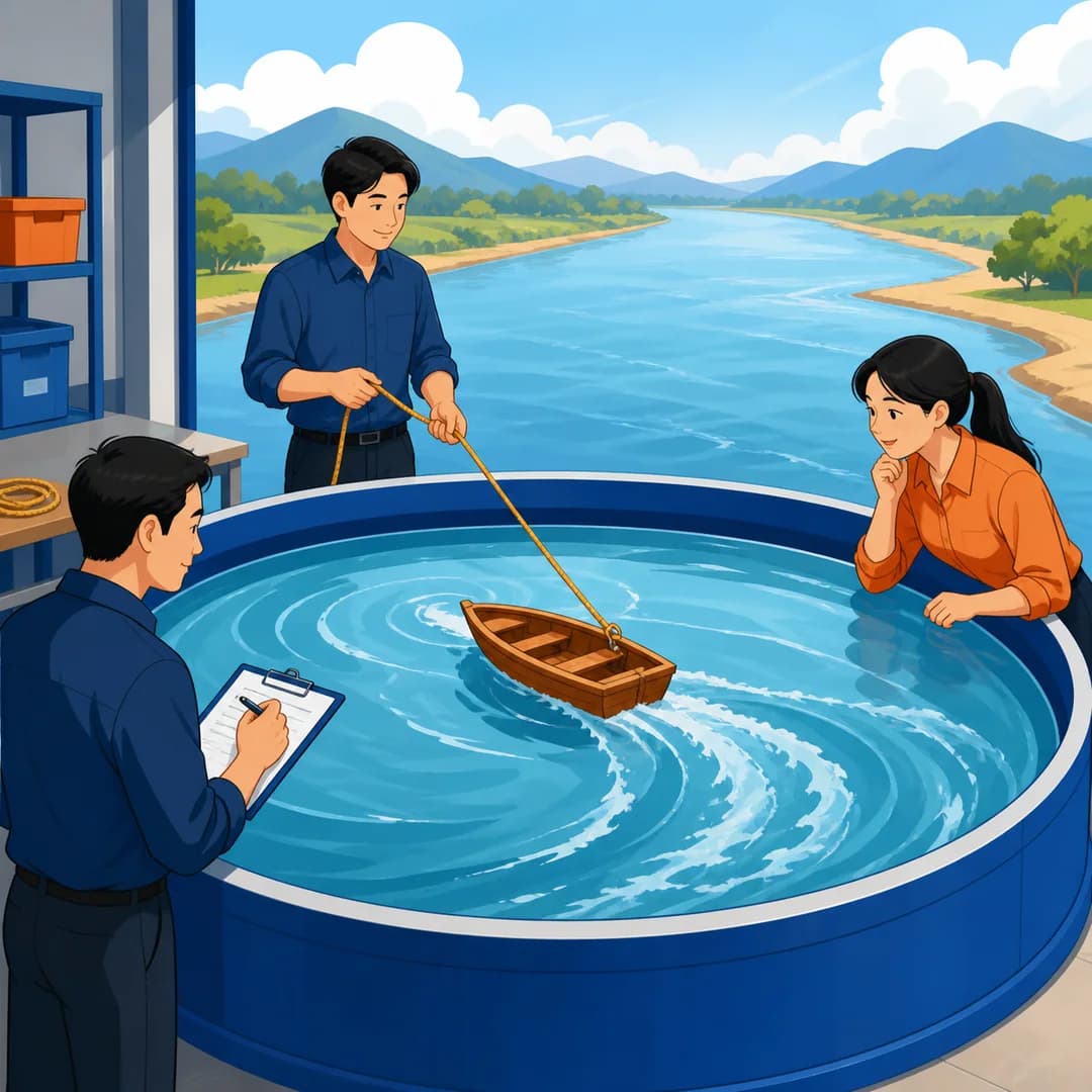 Nhóm vận hành thử một chiếc thuyền nhỏ trong bể kiểm tra có phao an toàn và người quan sát