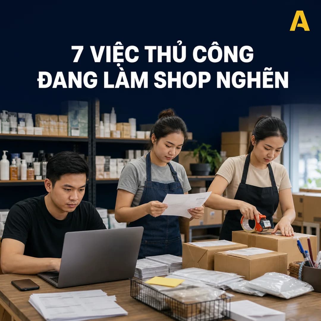 Ba nhân viên Việt Nam kiểm đơn, rà phiếu và đóng gói trong cửa hàng thương mại điện tử
