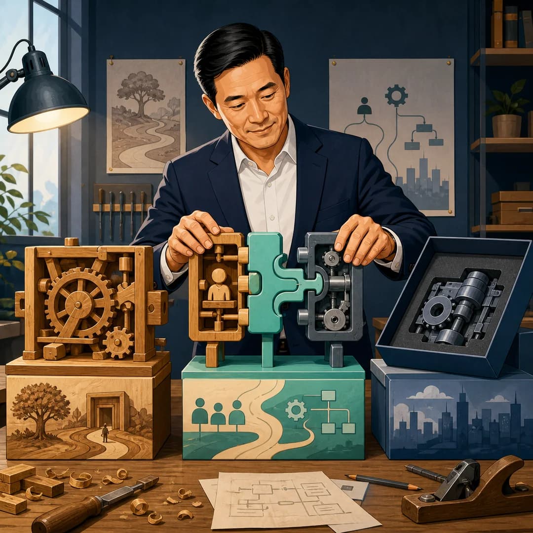 CEO ghép ba mảnh bộ công cụ tượng trưng cho tự xây, mua sẵn và kết hợp trên cùng bàn quyết định