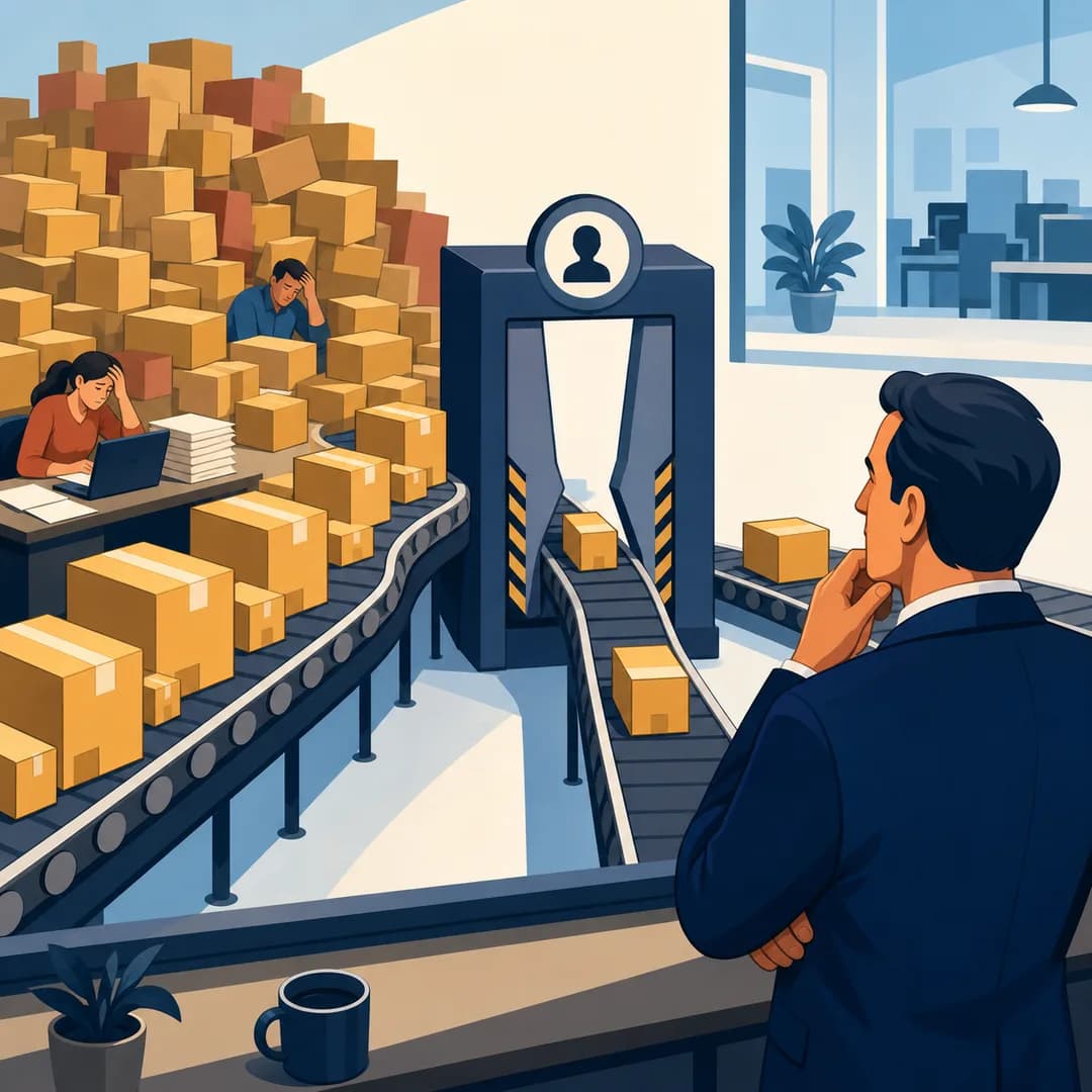 CEO nhìn nhiều hộp đơn hàng dồn lại trước một cổng duyệt hẹp trên băng chuyền