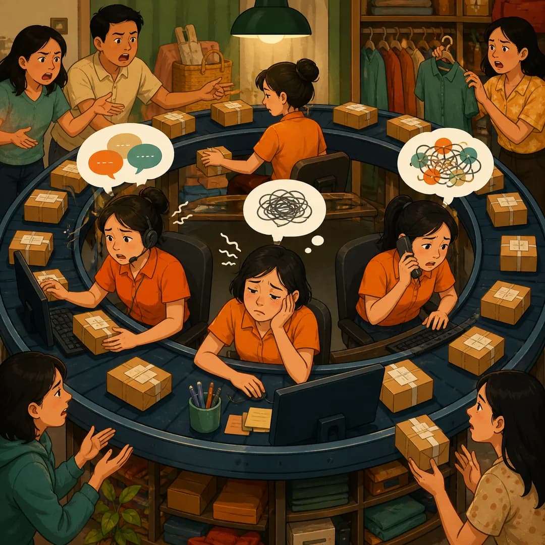 Nhóm nhân viên nhỏ mắc trong vòng quay công việc lặp lại