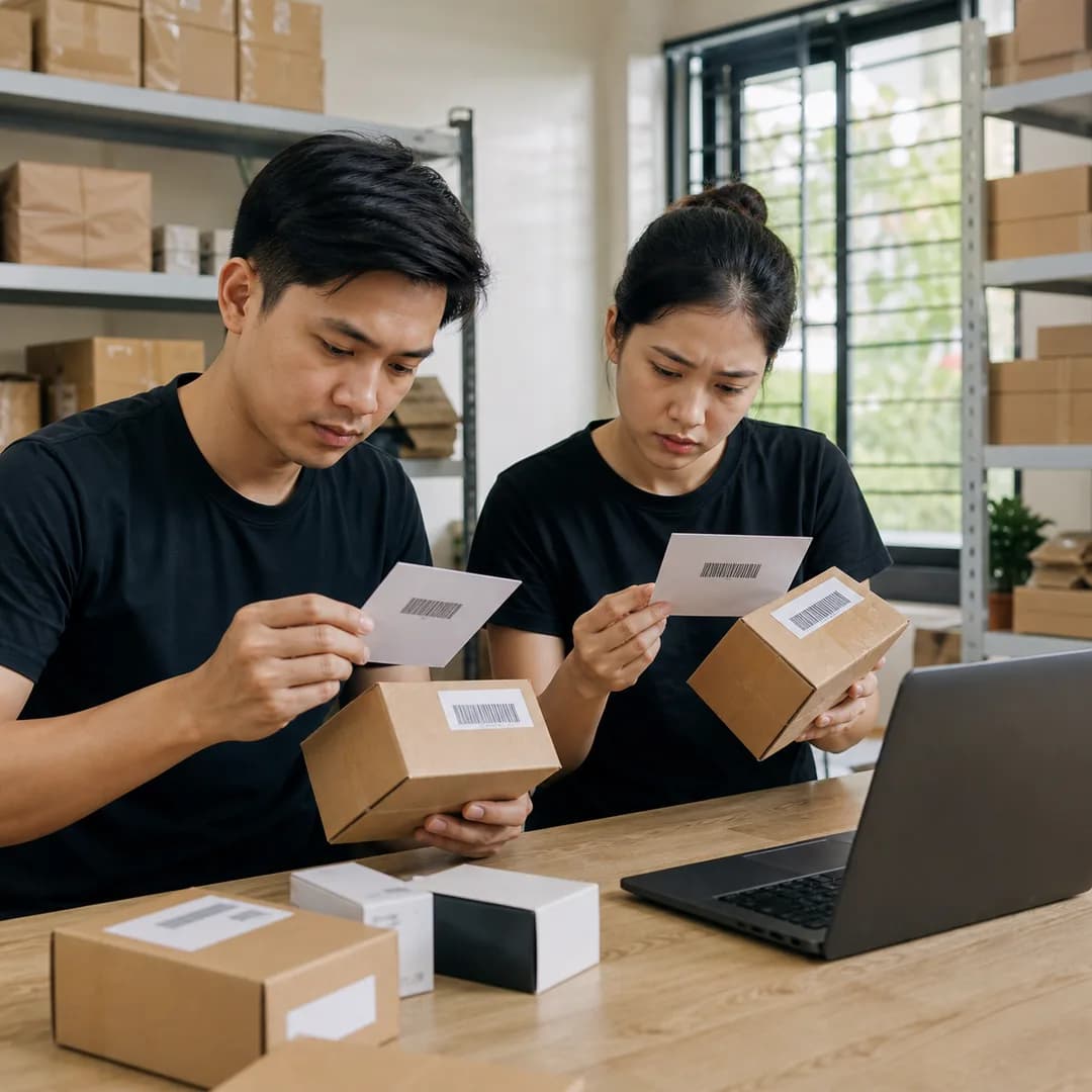 Nhân viên kho Việt Nam đối chiếu mã SKU trên sản phẩm và nhiều kênh bán
