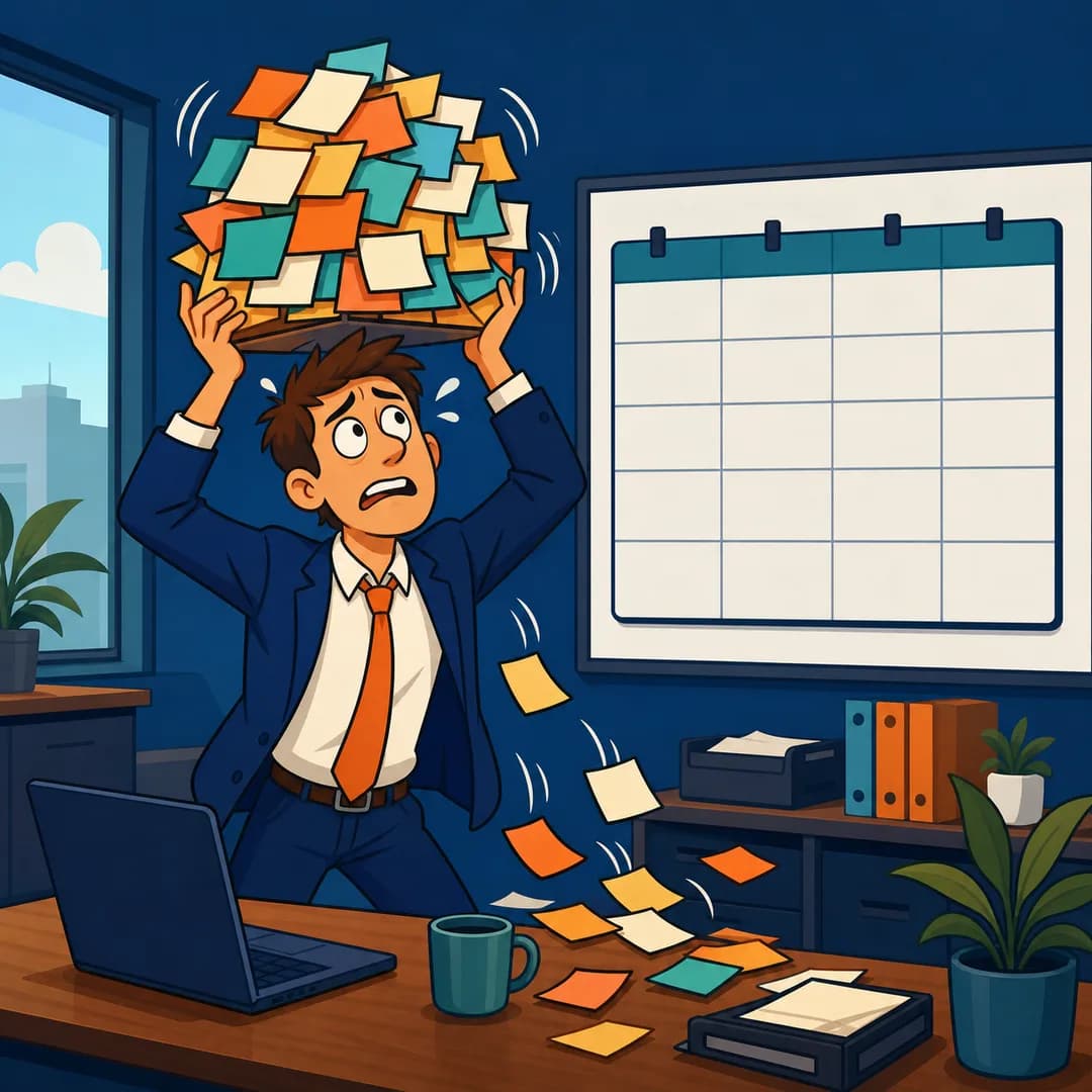 Nhân viên bán hàng ôm nhiều thẻ nhắc việc đang rơi bên cạnh một bảng lịch chung còn trống