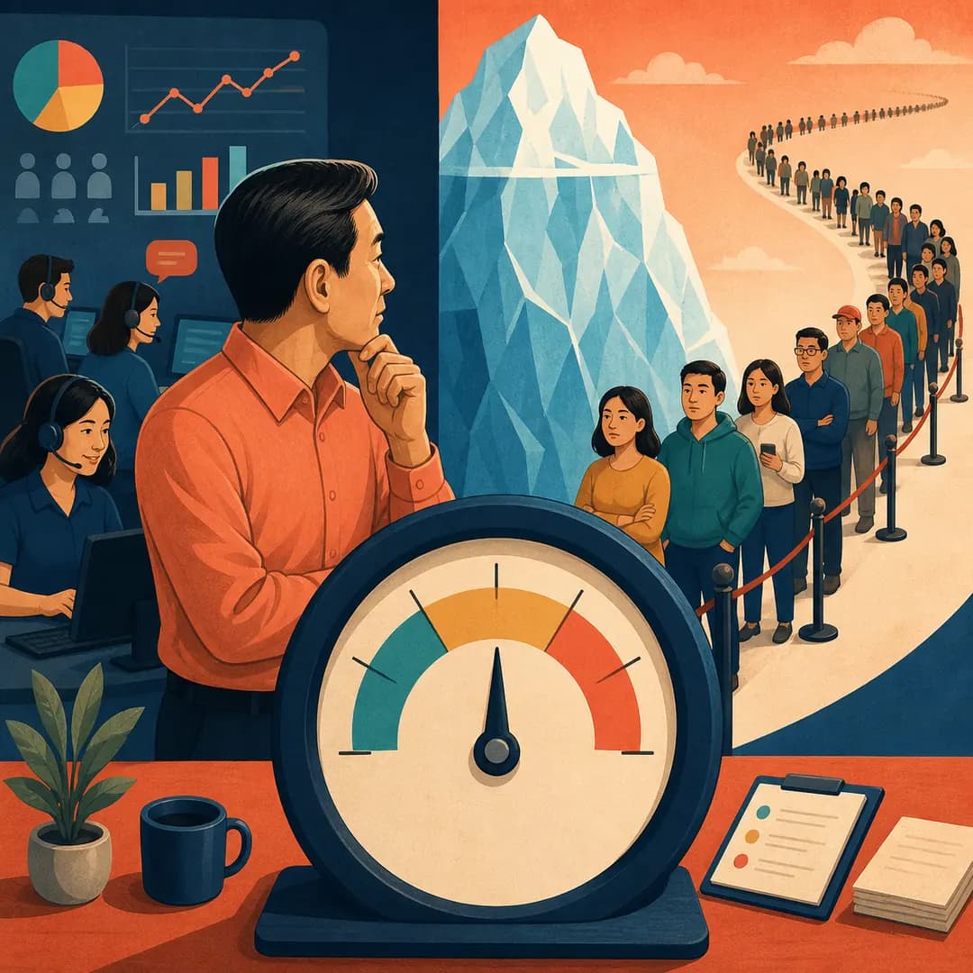 Quản lý nhìn qua đồng hồ trung bình để thấy hàng khách chờ dài phía sau