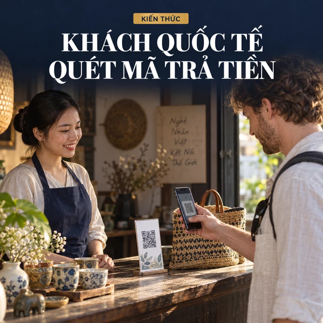 Thu ngân tại cửa hàng đồ thủ công Việt Nam đứng cạnh khách cầm điện thoại hướng về bảng mã thanh toán trên quầy