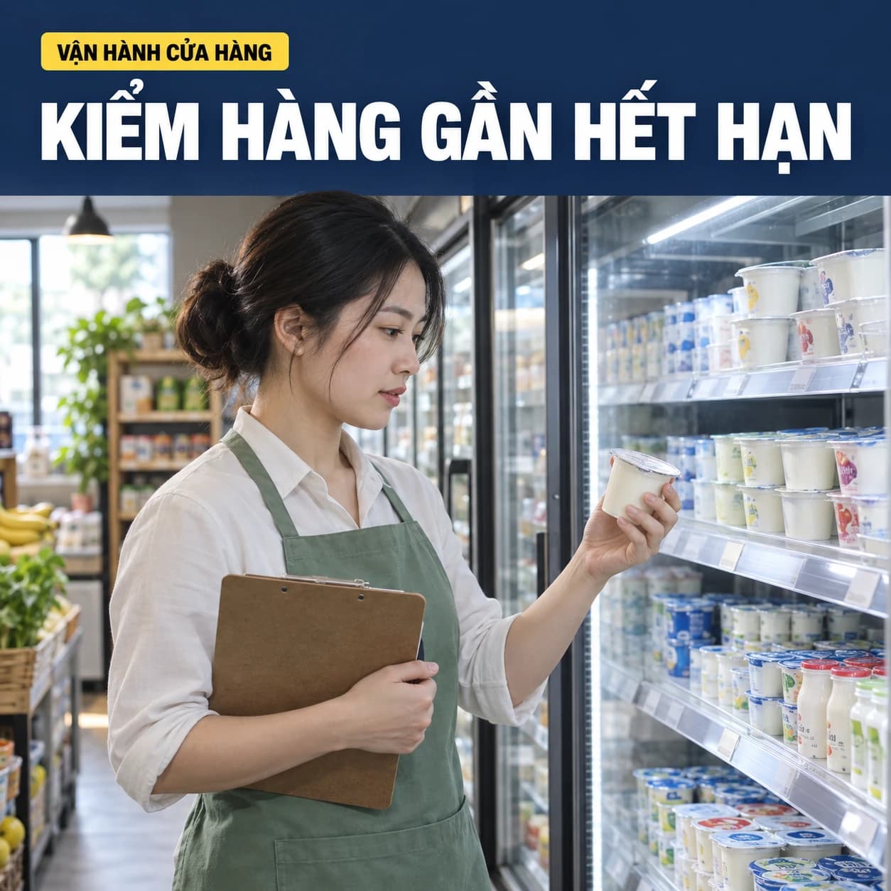 Ảnh AI minh họa nữ nhân viên kiểm hộp sữa chua tại kệ lạnh và cầm bảng kiểm hàng