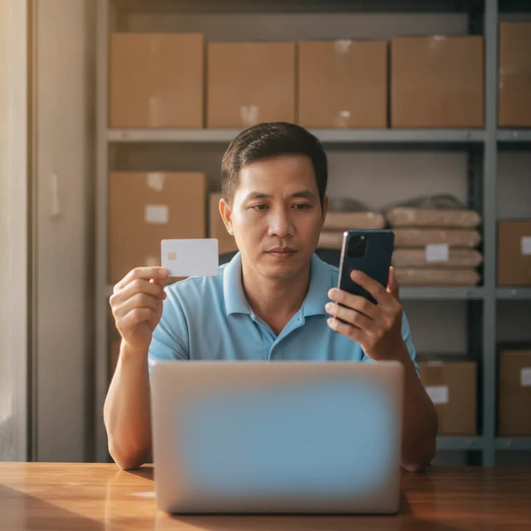 Chủ shop người Việt ngồi ở bàn làm việc nhỏ, một tay cầm căn cước công dân gắn chip, tay kia cầm điện thoại đang mở ứng dụng định danh, trước mặt là máy tính hiện trang quản lý gian hàng