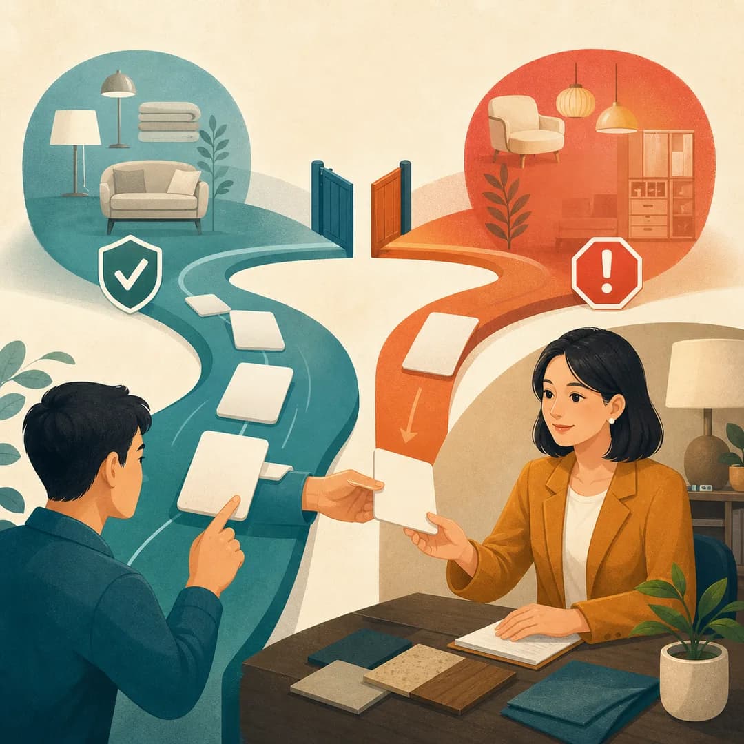 Minh họa 2D luồng chọn sản phẩm tách thành nhánh thường và cổng chuyển chuyên viên