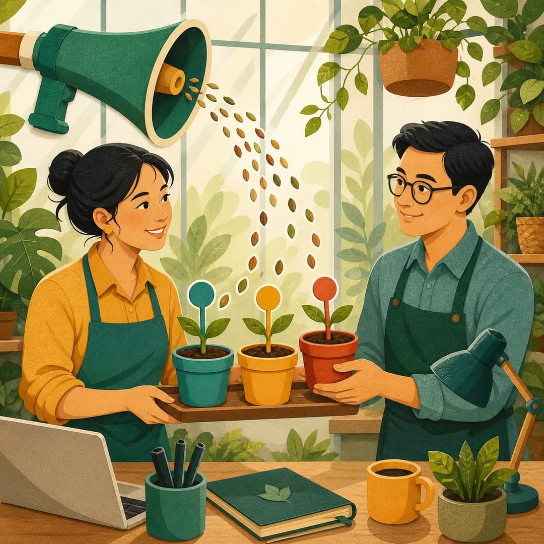 Minh họa 2D những hạt giống từ chiếc loa quảng cáo được chuyền vào các chậu có thẻ người chăm sóc
