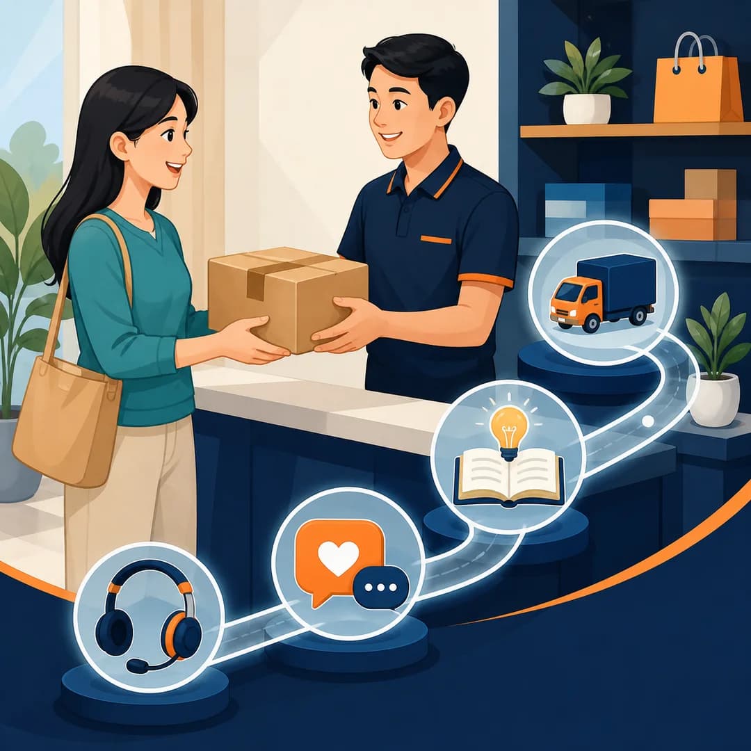 Khách nhận bưu kiện còn nhân viên kiểm tra bốn điểm chăm sóc trên một đường đi