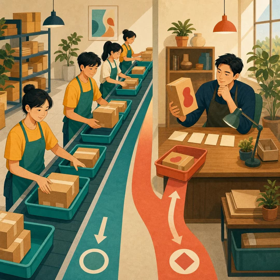 Đội ngũ phân luồng các kiện hàng thường và đưa một kiện ngoại lệ tới bàn quyết định của chủ shop