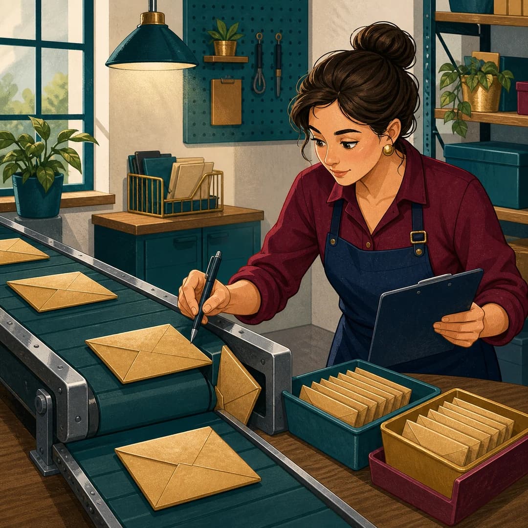 Minh họa 2D các phong bì báo giá chạy trên băng chuyền, một phong bì mắc ở khe và người quản lý đánh dấu