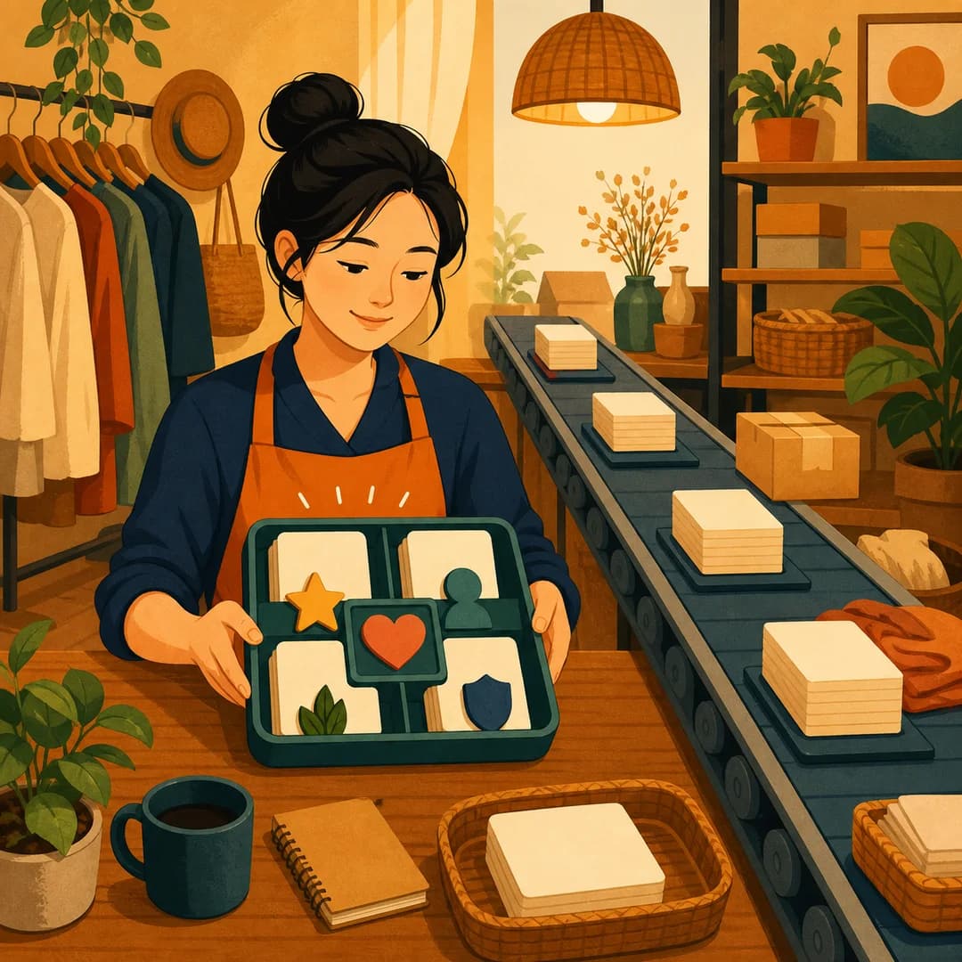 Chủ shop xem một khay quyết định gọn trong khi công việc thường ngày đi theo luồng riêng