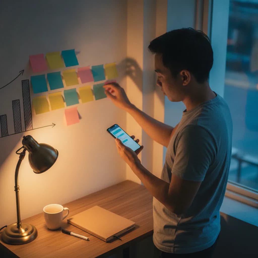 Nhân viên tiếp thị người Việt buổi tối đứng trước tường dán nhiều mảnh giấy ghi chú, một tay cầm điện thoại xem khung trò chuyện, tay kia dán thêm một mảnh giấy bên cạnh biểu đồ cột vẽ tay