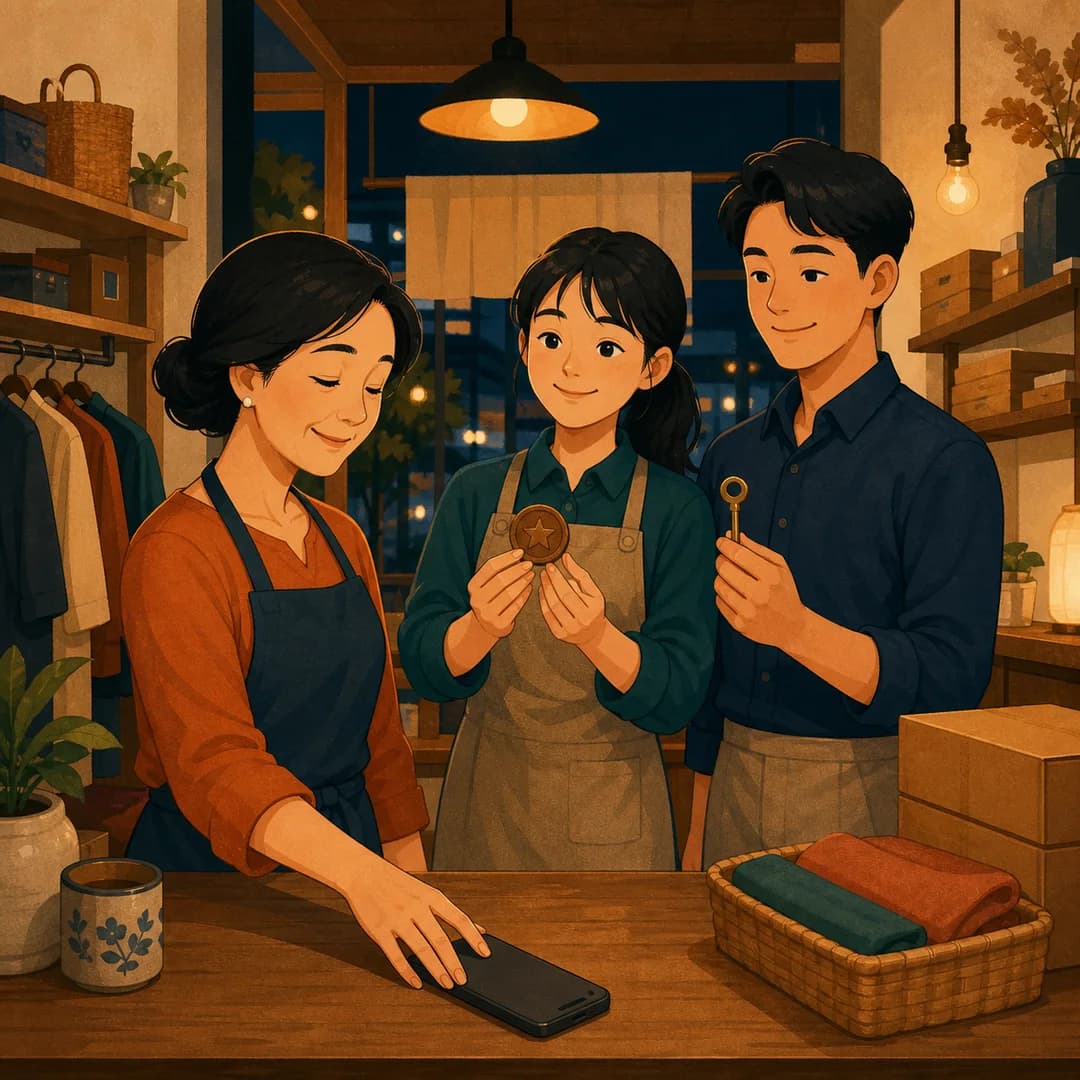 Chủ shop đặt điện thoại xuống sau khi trao thẻ ca trực và chìa khóa dự phòng cho đội ngũ