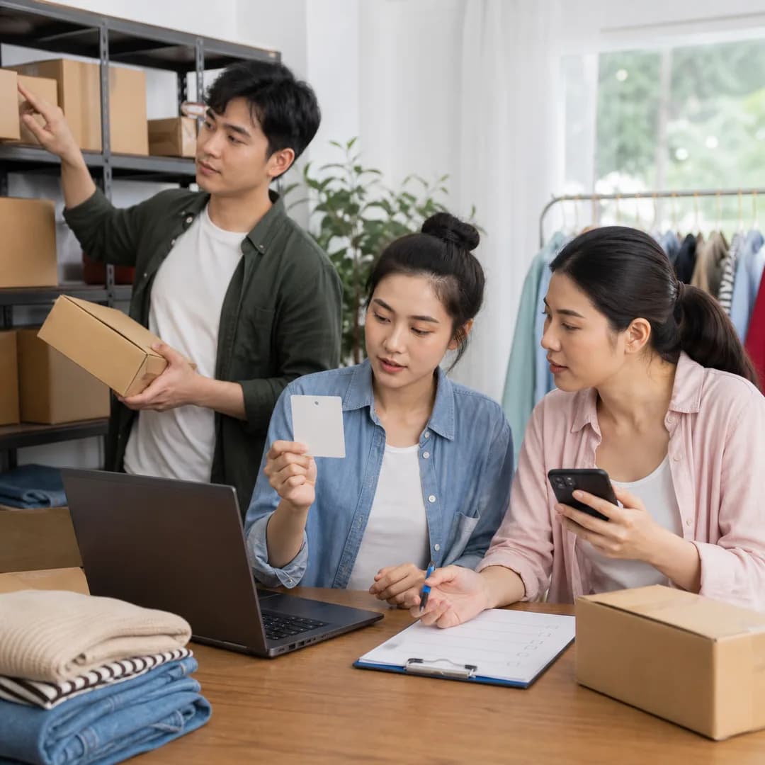 Chủ shop Việt Nam cùng nhân viên kiểm danh sách trước khi nối kênh bán mới