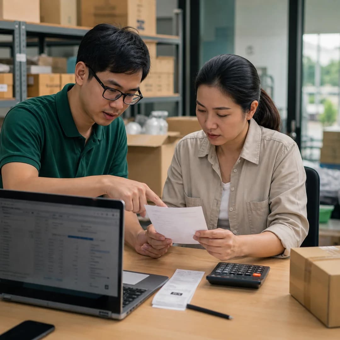 Nhân viên Việt Nam đối chiếu trạng thái thanh toán và đơn hàng trên hai màn hình