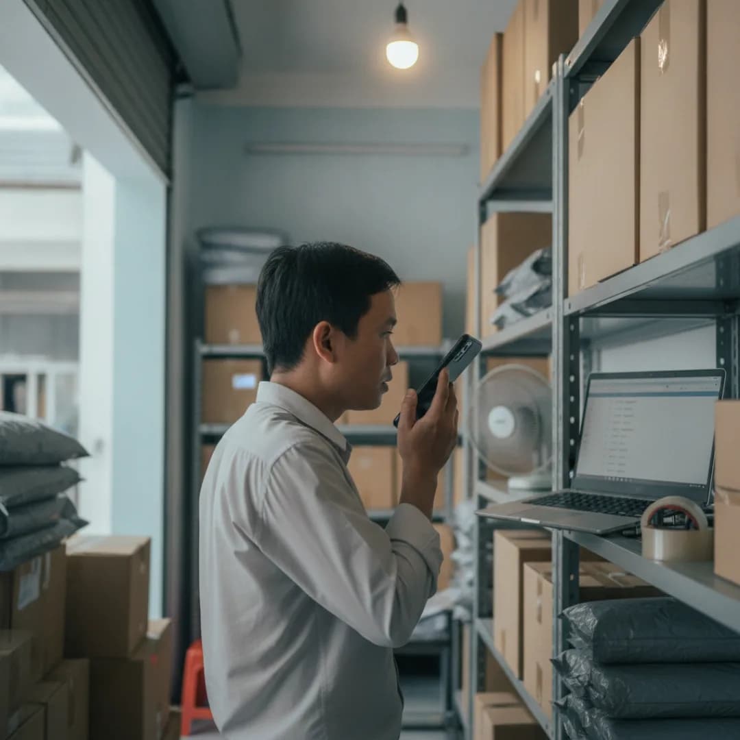 Người quản lý kho nhỏ người Việt đứng giữa lối đi, một tay cầm điện thoại đưa gần miệng như đang nói, phía sau là kệ hàng và một máy tính xách tay mở bảng việc cần làm