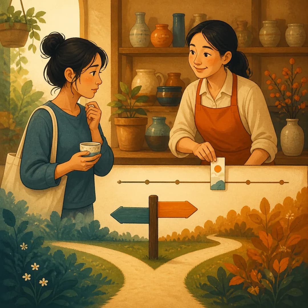 Chủ shop và khách chọn một mốc hẹn bên ngã rẽ quyết định
