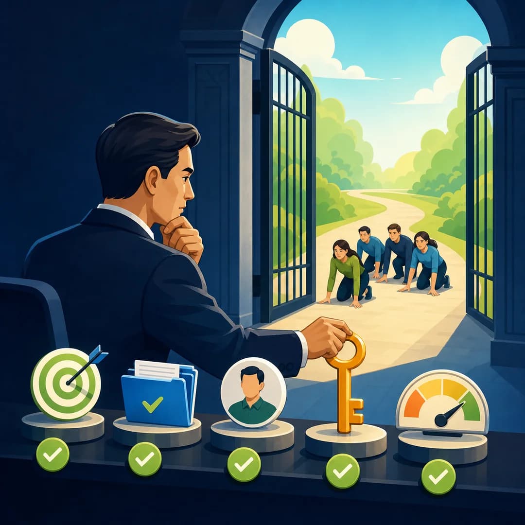 CEO kiểm tra mục tiêu, dữ liệu, người phụ trách, quyền và thước đo trước cổng bắt đầu một quy trình AI