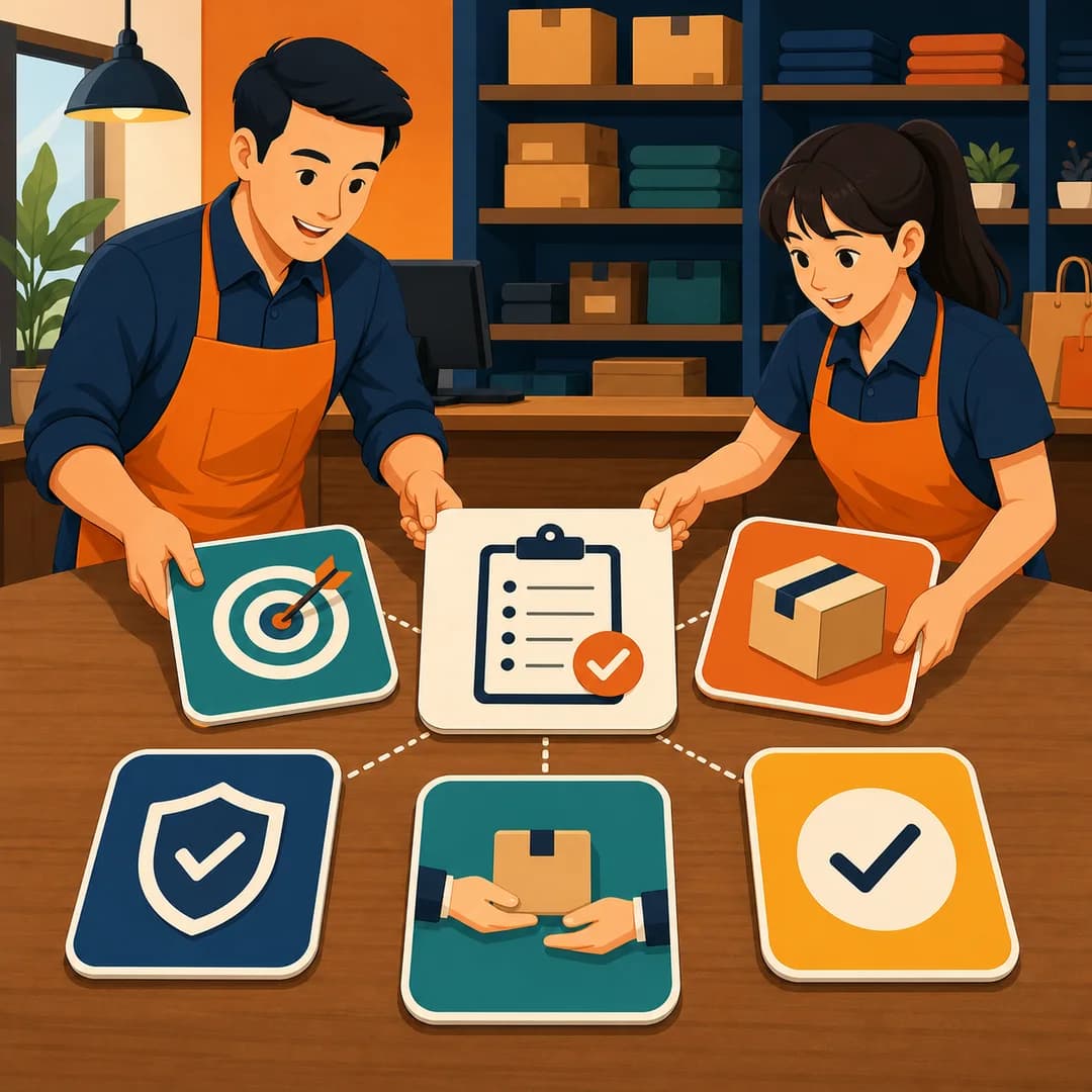 Hai nhân viên sắp các thẻ mục tiêu, đầu vào, quyền và kết quả quanh một phiếu việc