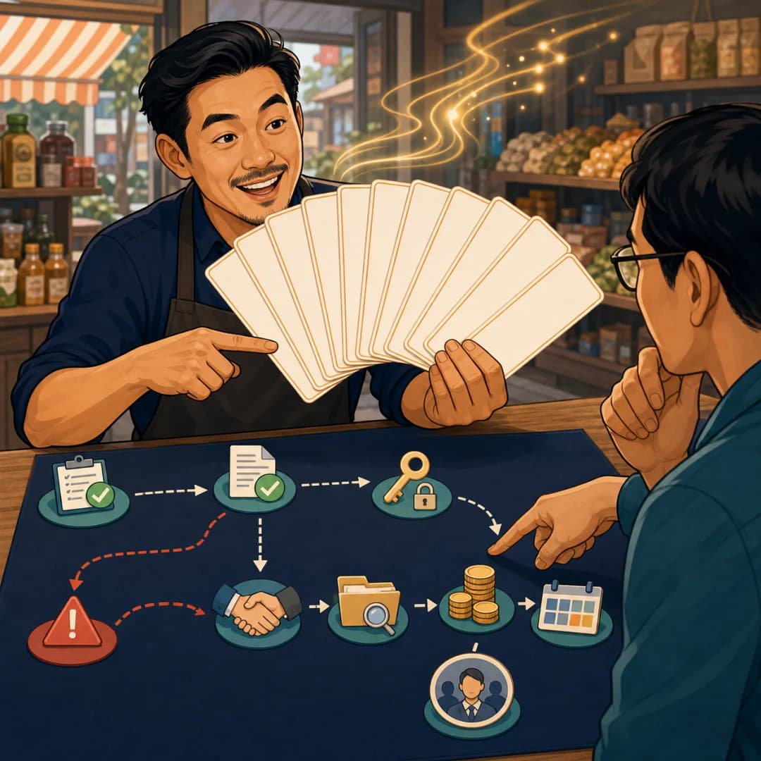Chủ shop dùng mười thẻ câu hỏi để kiểm tra một buổi trình diễn quy trình thực tế