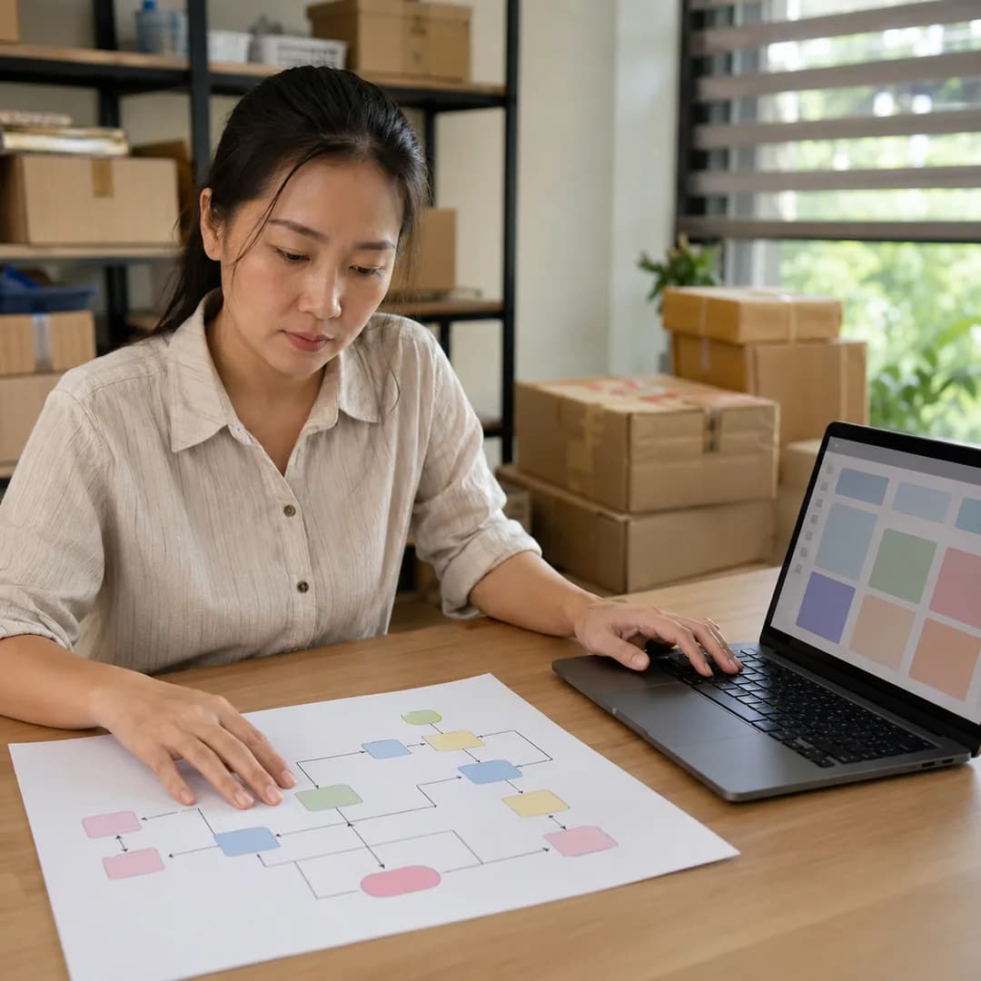 Chủ doanh nghiệp Việt Nam cùng nhân viên đối chiếu sơ đồ quy trình trước màn hình chọn phần mềm
