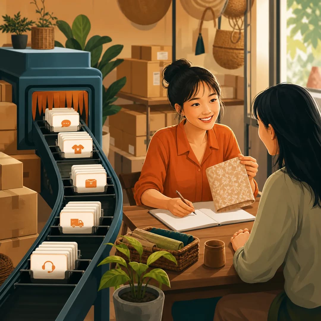 Nhân viên bán hàng tập trung trò chuyện với khách khi Nhân sự số sắp xếp thông tin và việc lặp lại
