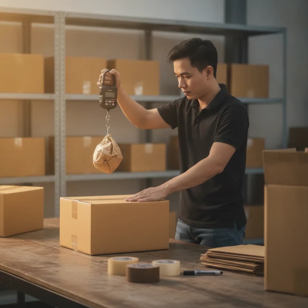Người bán hàng Việt đứng cạnh bàn đóng gói, một tay đặt lên thùng carton lớn đã dán kín, tay kia cầm cân điện tử cầm tay đang cân một gói hàng nhỏ