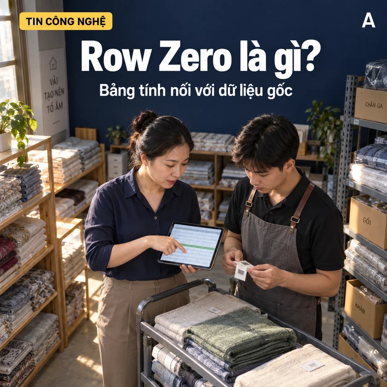 Quản lý nữ kiểm bảng tính trên máy tính bảng cạnh nhân viên đang đối chiếu nhãn hàng trong kho vải