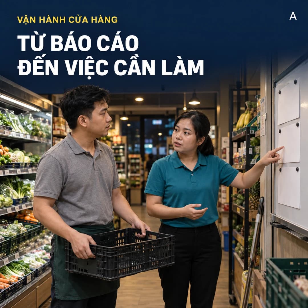 Quản lý nữ tại cửa hàng thực phẩm chỉ bảng giao việc khi trao đổi với nhân viên nam đang cầm sọt hàng