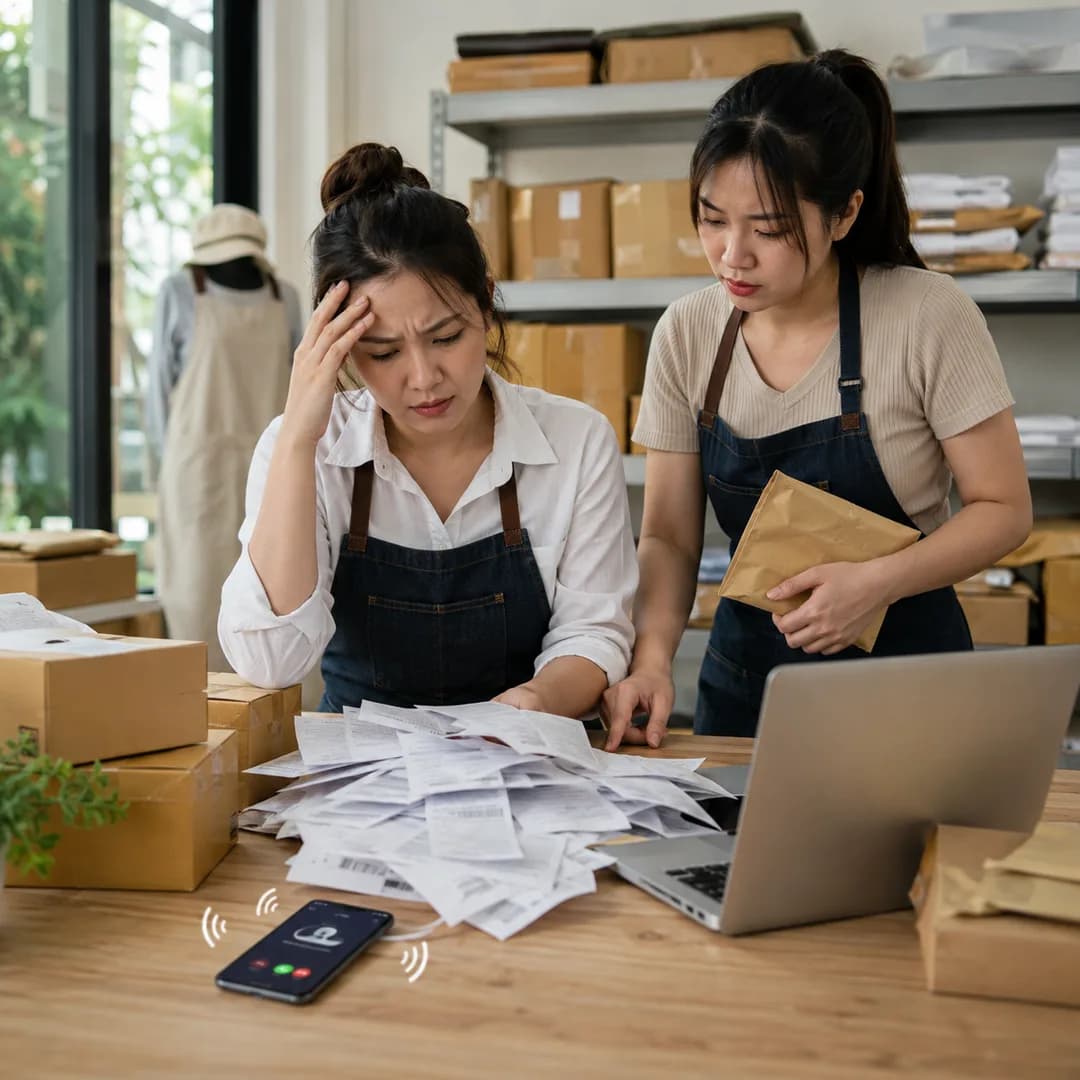Quản lý shop Việt Nam cùng nhân viên xem biểu đồ tin nhắn tăng theo từng khung giờ