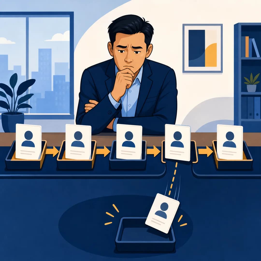 Giám đốc kinh doanh nhìn một thẻ khách hàng tiềm năng rơi khỏi đường bàn giao giữa các khay công việc