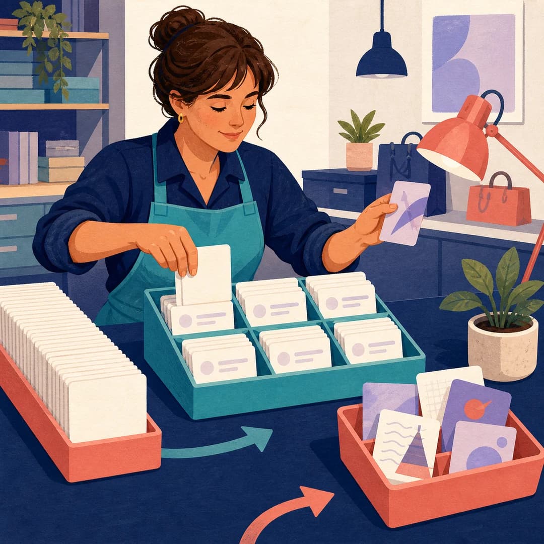 Minh họa 2D nhiều mảnh giấy giống nhau được sắp vào khuôn, các mảnh ngoại lệ chuyển sang khay người duyệt