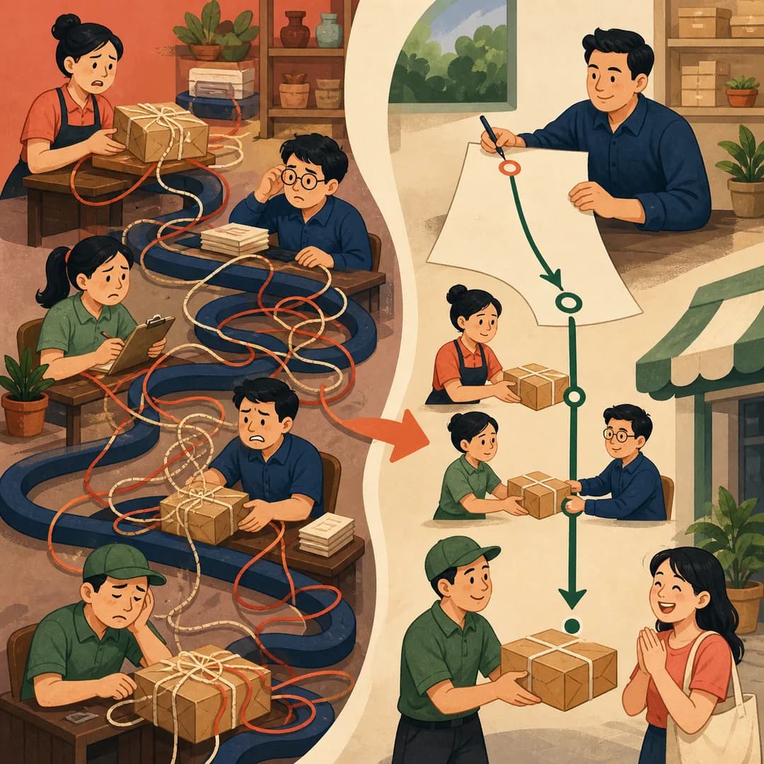 Một kiện hàng đi qua quá nhiều bàn giao rồi được quản lý vẽ lại thành đường thẳng