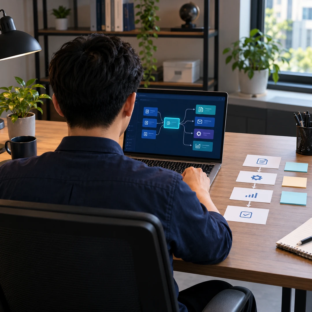 Nhân sự nhìn từ phía sau, xem sơ đồ quy trình trên laptop và thẻ công việc trên bàn.