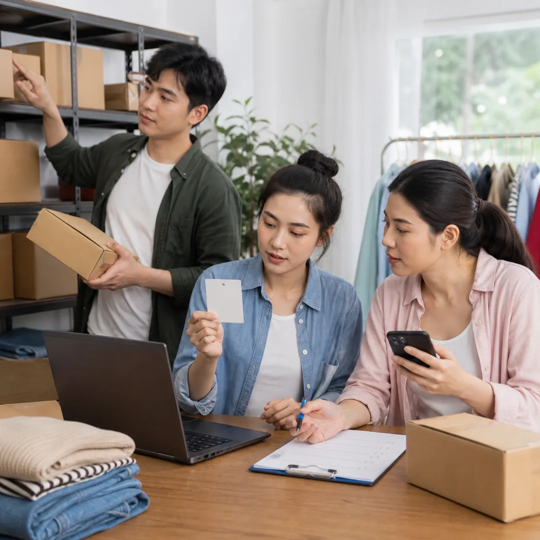 Chủ shop Việt Nam cùng nhân viên kiểm danh sách trước khi nối kênh bán mới
