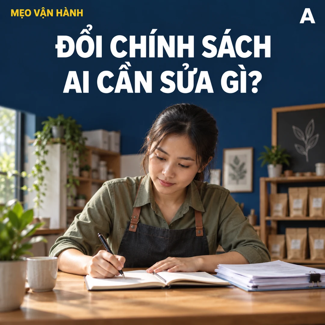 Quản lý cửa hàng Việt Nam ghi sổ công việc cạnh tập tài liệu chính sách trên bàn làm việc