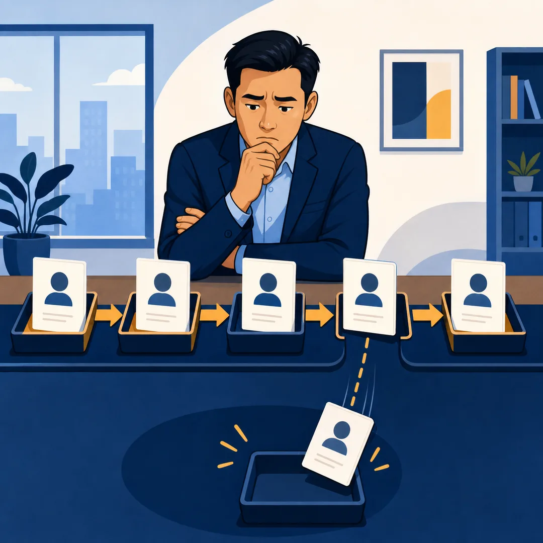 Giám đốc kinh doanh nhìn một thẻ khách hàng tiềm năng rơi khỏi đường bàn giao giữa các khay công việc
